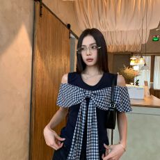 批发藏青色波点假两件短袖t恤女装2026夏季韩系修身<b class='q'>露肩</b>高级显瘦<b class='q'>上衣</b>