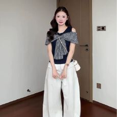 批发韩系学院风格纹蝴蝶结<b class='q'>露肩</b>T恤女装夏季超好看假两件修身显瘦<b class='q'>上衣</b>