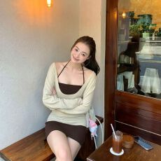 批发人棉260克春秋纯欲慵懒长袖T恤+挂脖背心两件套装女上衣 上新款