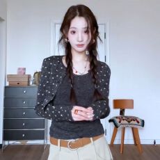 批发人棉260克 碎花长袖开衫外套女秋+背心吊带两件套套装 初秋上新