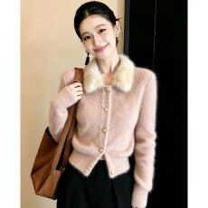 翻领假两件毛衣外套女秋冬季新款蕾丝蝴蝶结针织开衫短款上衣