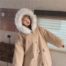 批发冬季新款中长款韩版宽松大毛领棉衣棉服女学生加厚工装开衫外套