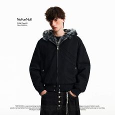 批发NOFUNNULL 美式加厚座山雕毛领连帽棉服男女冬季复古boxy廓形外
