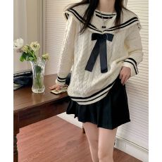 批发韩版宽松<b class='q'>甜美</b>海军领翻领蝴蝶结可爱长袖毛衣~ 新款上市 甜酷风