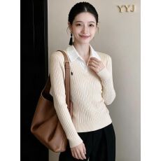 批发假两件<b class='q'>衬衫</b>领针织衫女秋冬装刺绣坑条修身长袖打底套头上衣 优雅