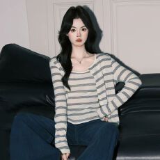 批发懒人棉 条纹针织开衫女秋冬<b class='q'>吊带</b><b class='q'>背心</b>上衣<b class='q'>打底</b>两件套 早秋新款