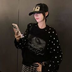 批发美式复古星星印花长袖<b class='q'>T</b><b class='q'>恤</b>女宽松圆领黑色<b class='q'>潮牌</b>休闲上衣 秋季新品