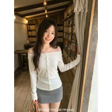 批发克人棉韩系氛围感一字领纽扣长袖<b class='q'>T</b><b class='q'>恤</b>显瘦百搭秋季纯欲白色上衣