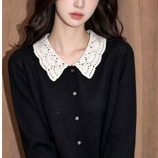 批发法式复古少女蕾丝拼接领<b class='q'>针织衫</b>秋款修身显瘦长袖日常打底开衫上