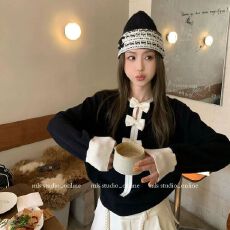 批发减龄经典圆领撞色宽松上衣女2026早秋季新款甜美拼接蝴蝶结针织