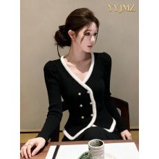 批发秋冬新款法式小香风撞色长袖<b class='q'>针织衫</b>女<b class='q'>不规则</b>收腰小众设计长袖上