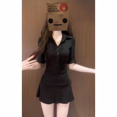 批发韩版辣妹风黑色收腰衬衫连衣裙女夏季polo领修身显瘦中袖包臀短