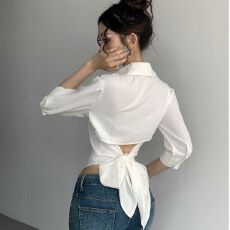 批发气质<b class='q'>欧美</b>风漏腰系带衬衫夏季辣妹翻领单排扣修身显瘦收腰衬衣