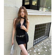 批发美式御姐辣妹小黑裙<b class='q'>无袖</b><b class='q'>连衣裙</b>性感夏季新款修身显瘦收腰黑色裙