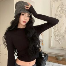 批发*1罗纹 220克 秋冬新款纯欲风辣妹短款长袖t恤女修身显瘦 上新款