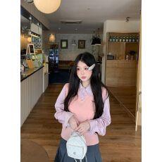 批发学院风假两件针织拼接长袖衬衫秋季新款衬衣学生女ins 早秋新款