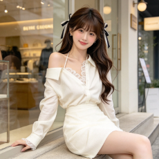 批发甜美长袖秋装<b class='q'>短裙</b>子修身连衣裙衬衫裙收腰蕾丝露肩翻领显瘦法式