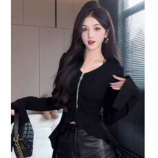批发纯欲双拉链褶皱<b class='q'>长袖</b>T恤女春秋新款修身显瘦上衣<b class='q'>打底衫</b> 应季新款