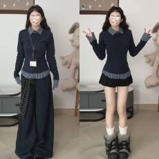 批发假两件温柔风韩系上衣女秋冬内搭<b class='q'>打底衫</b>格子<b class='q'>长袖</b>T恤 应季新款