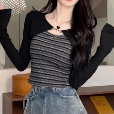 批发小众修身吊带背心女早秋长袖短款罩衫甜美两件套 2026冬季新款