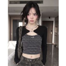 批发短款长袖罩衫女装秋内搭条纹吊带背心上衣两件套 2026春夏新款