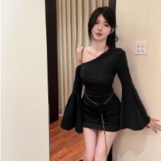 批发春季韩版夜店辣妹斜肩喇叭袖连衣裙名媛气质修身显瘦包臀短裙