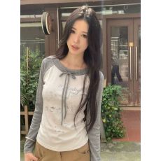 批发拼色系带插肩涂鸦印花长袖t恤女上衣 2026春<b class='q'>夏</b>新款 减龄 纯欲风