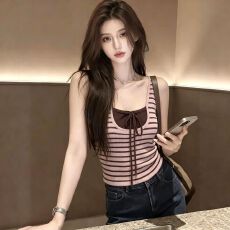 批发韩系撞色条纹假两件吊带背心女装2026夏季新款修身显瘦<b class='q'>百搭</b>小上