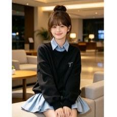 批发小众设计气质假两件卫衣连衣裙2026春季新款宽松休闲裙子女装短