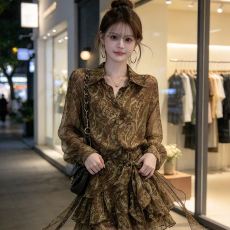 批发法式御姐风气质碎花长袖连衣裙女巨好看的早秋系带收腰显瘦衬衫