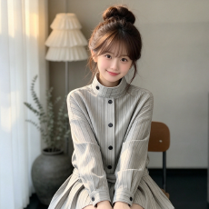 批发韩系条纹立领衬衫连衣裙女秋新款绑带收腰百褶短裙高知miu系穿搭