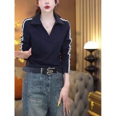 批发条纹撞色Polo领<b class='q'>长袖</b>T恤女秋季2026大码微胖MM上衣 2026冬季新款