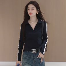 批发条纹撞色Polo领<b class='q'>长袖</b>T恤女秋季2026大码微胖MM上衣 早秋新款 法式