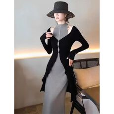 批发秋<b class='q'>冬</b>外穿时尚小香风套装修身显瘦黑色外套+灰色长袖裙子两件套女