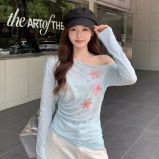 批发大码甜美印花斜肩薄款微透<b class='q'>罩衫</b>女夏季显瘦宽松上衣 秋款上新