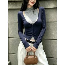 批发温柔陷阱修饰身形灰色背心V领蓝色开衫两件套女<b class='q'>春</b>秋百搭通勤上衣