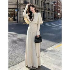 批发秋<b class='q'>冬</b>高级针织披肩搭配纯色上衣半身裙美拉德咖色三件套女 上新款