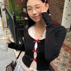 批发棉圈花 纯欲套装蝴蝶结长袖<b class='q'>春</b>秋蕾丝背心上衣两件套 早秋新款