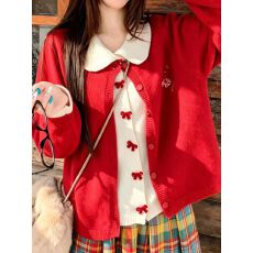 批发法式甜美蝴蝶结宽松针织开衫女2026春秋新款设计感小众假两件上