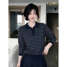 批发秋冬新款宽松时尚条纹翻领套头针织衫百搭休闲保暖毛衣外套 洋气