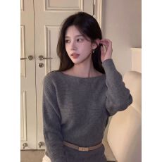 批发韩系灰色一字肩长袖针织衫毛衣女初秋小个子内搭打底修身短款上