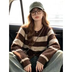 批发韩式撞色条纹针织开衫毛衣外套女秋冬季宽松软糯百搭洋气减龄上