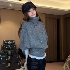 批发高领斗篷设计感毛衣女秋季韩系宽松休闲慵懒风气质收腰针织衫上