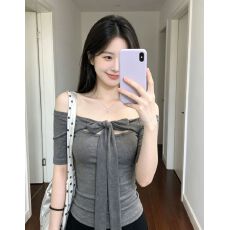 批发条一字肩t恤女<b class='q'>夏</b>季蝴蝶结绑带修身露肩半袖新款百搭时尚