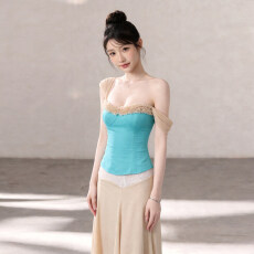 批发薄荷蓝高背心<b class='q'>夏</b>纯欲撞色花边拼接吊带上衣女新款百搭时尚
