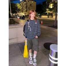 刺绣撞色条纹长袖t恤女宽松上衣新款百搭时尚显瘦气质