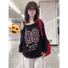 斜肩刺绣印花长袖T恤女宽松露肩上衣新款百搭时尚显瘦