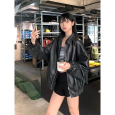 批发国潮牌美式复古黑色棒球服皮衣女<b class='q'>秋</b>季设计感甜酷风宽松皮夹外套