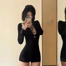 批发仿美式街头风绑带v领连衣裤<b class='q'>女</b>春秋裤子高腰连体<b class='q'>短裤</b>新款