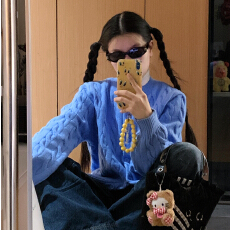 小个子蓝色宽松慵懒高级感外穿麻花毛衣外套女秋冬季新款